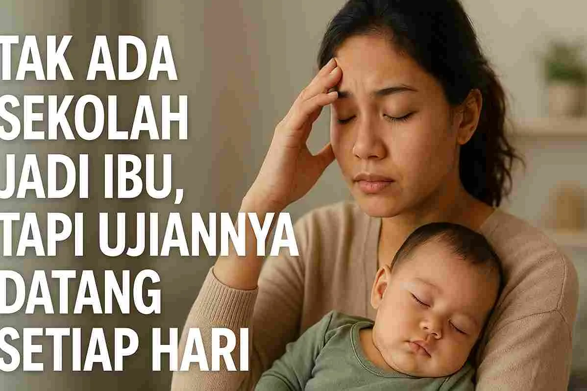 Ibu muda tampak lelah sambil menggendong bayi yang tertidur, dengan tulisan “Tak Ada Sekolah Jadi Ibu, Tapi Ujiannya Datang Setiap Hari” pada sisi kiri.