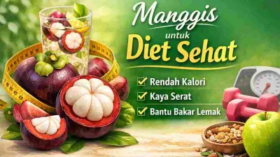 Buah manggis segar dengan pita ukur dan elemen diet sehat sebagai simbol buah rendah kalori untuk menurunkan berat badan