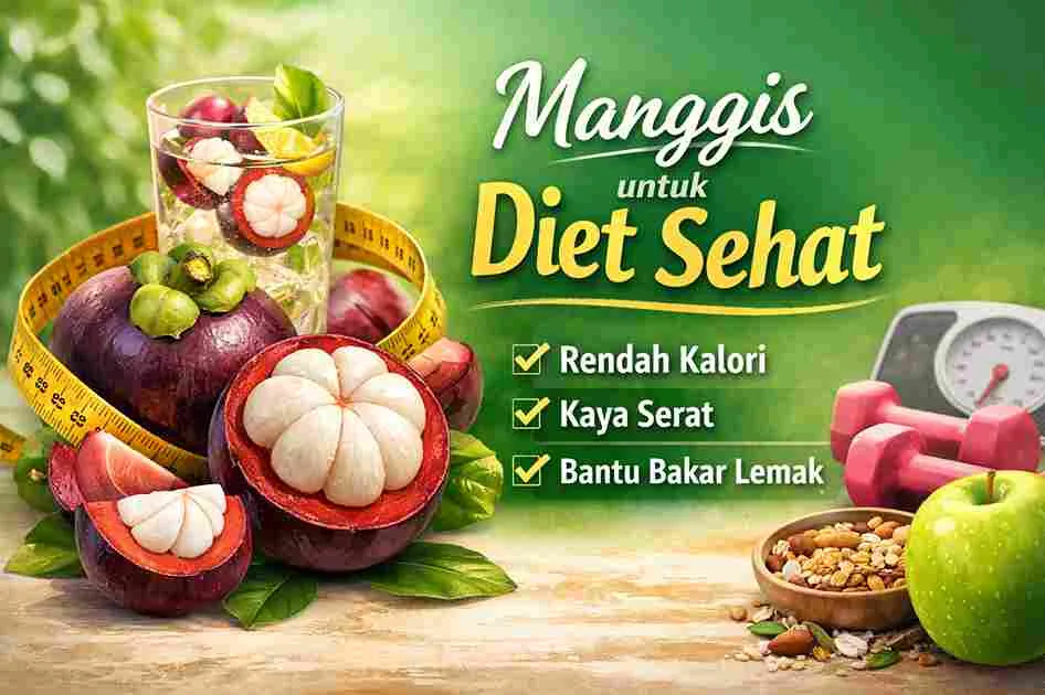 Buah manggis segar dengan pita ukur dan elemen diet sehat sebagai simbol buah rendah kalori untuk menurunkan berat badan