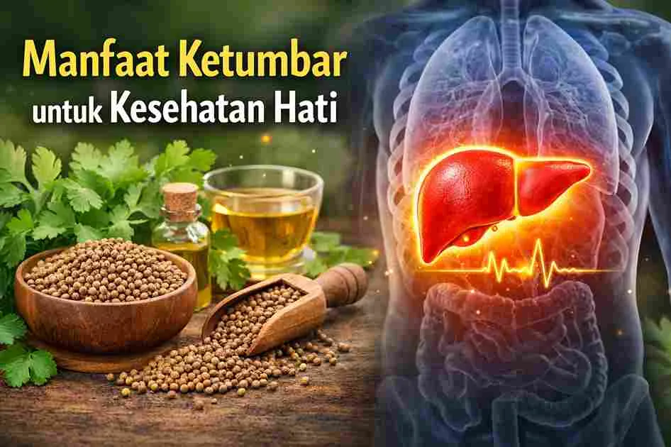 Ilustrasi ketumbar dan biji ketumbar dengan visual hati manusia yang bercahaya sebagai simbol dukungan ketumbar terhadap kesehatan liver.