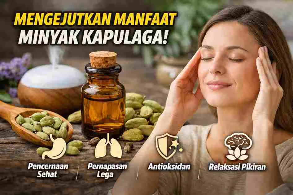 Minyak atsiri kapulaga dalam botol kaca dengan biji kapulaga dan diffuser aromaterapi, melambangkan manfaat kesehatan alami.