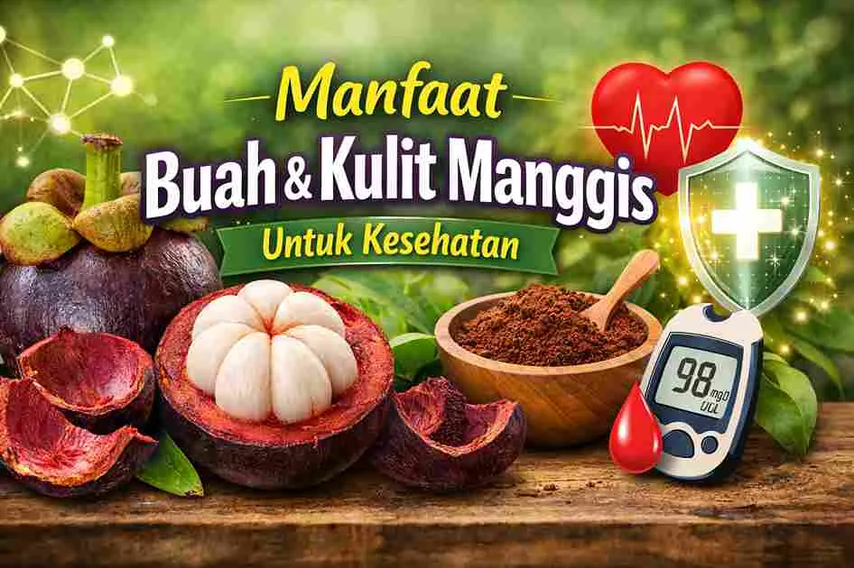 Ilustrasi buah manggis segar dan kulit manggis kering dengan simbol kesehatan jantung, gula darah, dan daya tahan tubuh.