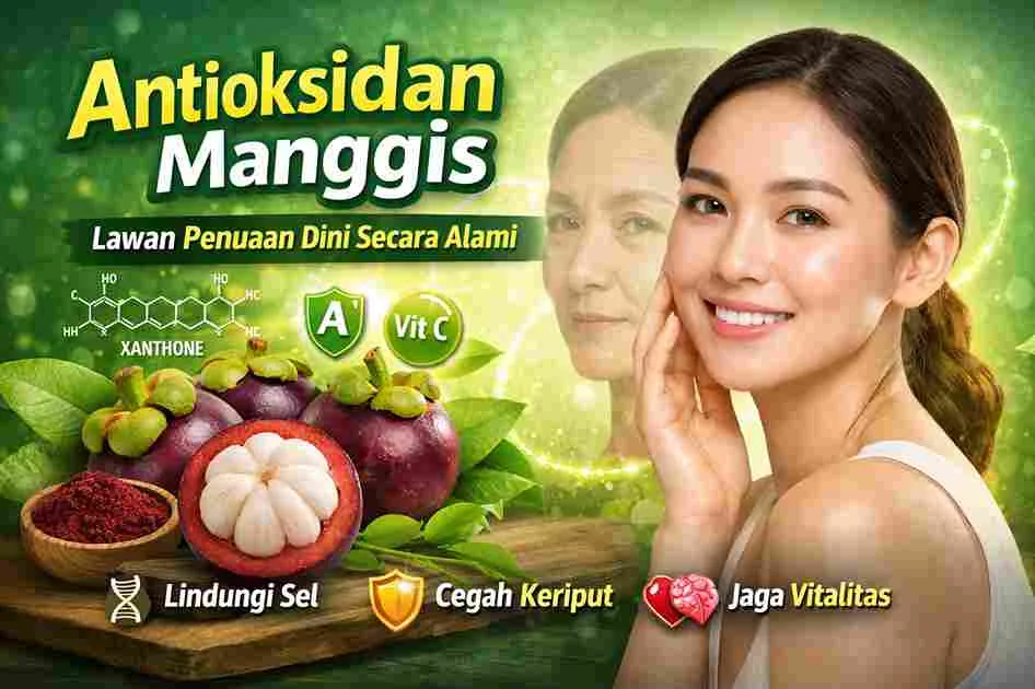Ilustrasi buah manggis dan wajah wanita dengan kulit sehat yang menggambarkan manfaat antioksidan manggis untuk melawan penuaan dini secara alami.