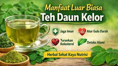 Thumbnail teh daun kelor dengan daun kelor segar dan secangkir teh herbal yang menunjukkan manfaat kesehatan alami.