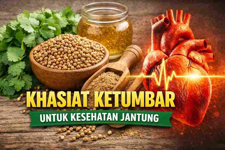 Ilustrasi biji dan daun ketumbar dengan visual jantung manusia sebagai simbol manfaat ketumbar bagi kesehatan jantung