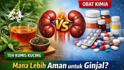Perbandingan teh kumis kucing dan obat kimia untuk kesehatan ginjal dengan ilustrasi ginjal di tengah.