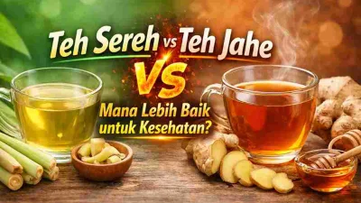 Thumbnail perbandingan teh sereh dan teh jahe untuk kesehatan, menampilkan minuman herbal alami dengan manfaat berbeda