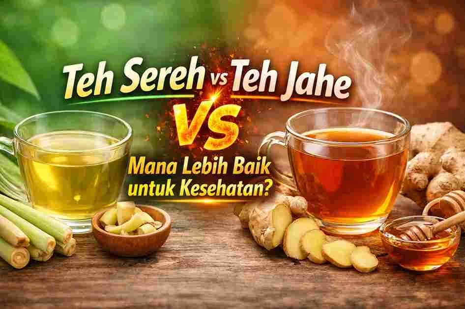 Thumbnail perbandingan teh sereh dan teh jahe untuk kesehatan, menampilkan minuman herbal alami dengan manfaat berbeda