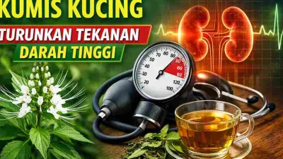 Thumbnail kumis kucing untuk hipertensi menampilkan bunga kumis kucing, alat ukur tekanan darah tinggi, ilustrasi ginjal, dan secangkir teh herbal.