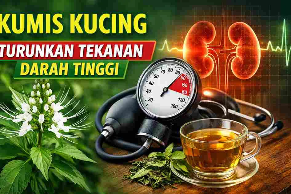 Thumbnail kumis kucing untuk hipertensi menampilkan bunga kumis kucing, alat ukur tekanan darah tinggi, ilustrasi ginjal, dan secangkir teh herbal.