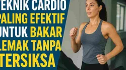 Thumbnail cardio: wanita sedang jogging di treadmill dengan teks “Teknik Cardio Paling Efektif untuk Bakar Lemak Tanpa Tersiksa”.