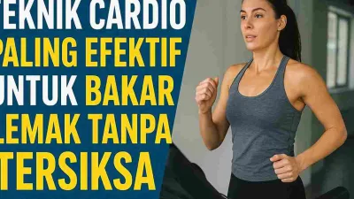 Thumbnail cardio: wanita sedang jogging di treadmill dengan teks “Teknik Cardio Paling Efektif untuk Bakar Lemak Tanpa Tersiksa”.