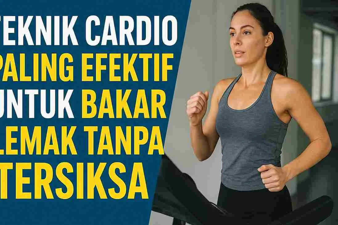 Thumbnail cardio: wanita sedang jogging di treadmill dengan teks “Teknik Cardio Paling Efektif untuk Bakar Lemak Tanpa Tersiksa”.