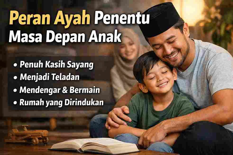 Ayah memeluk anak dengan penuh kasih di ruang keluarga, menciptakan suasana hangat dan aman dalam keluarga.