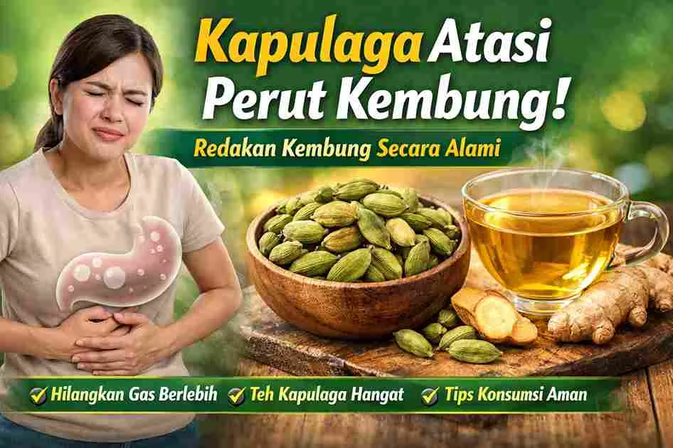 Thumbnail kapulaga untuk meredakan perut kembung, menampilkan mangkuk kapulaga, teh hangat, jahe, dan ilustrasi orang mengalami kembung.