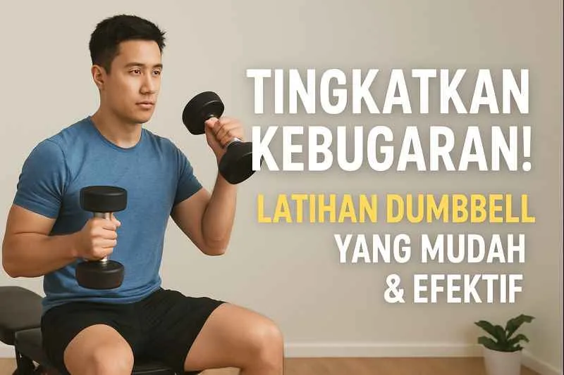 Pria berolahraga menggunakan dumbbell di ruang latihan rumah, dengan pose angkat beban sambil duduk, untuk ilustrasi latihan dumbbell yang mudah dan efektif.
