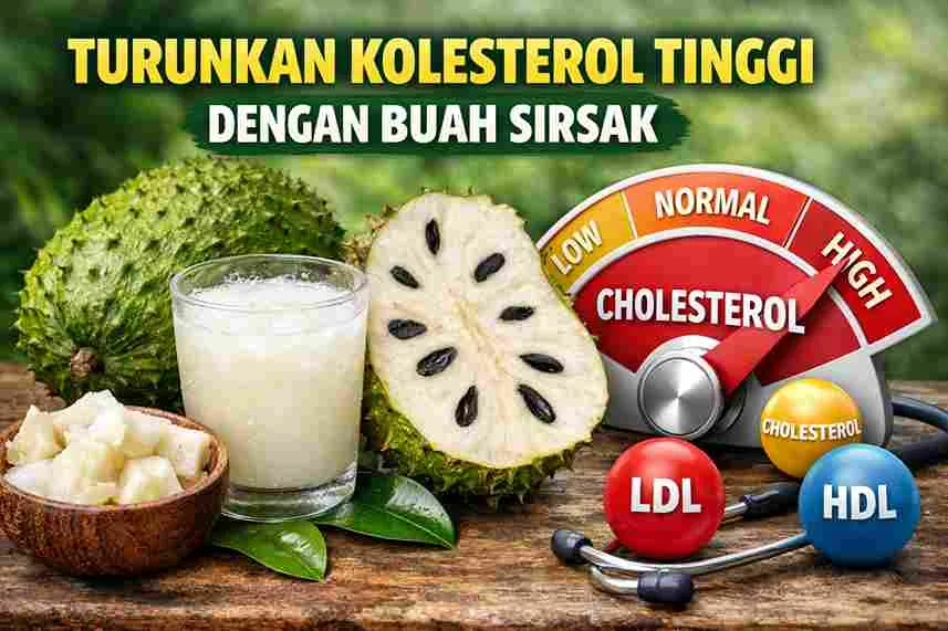 Buah sirsak segar dan jus sirsak dengan ilustrasi indikator kolesterol tinggi dan rendah sebagai simbol penurunan kolesterol alami.