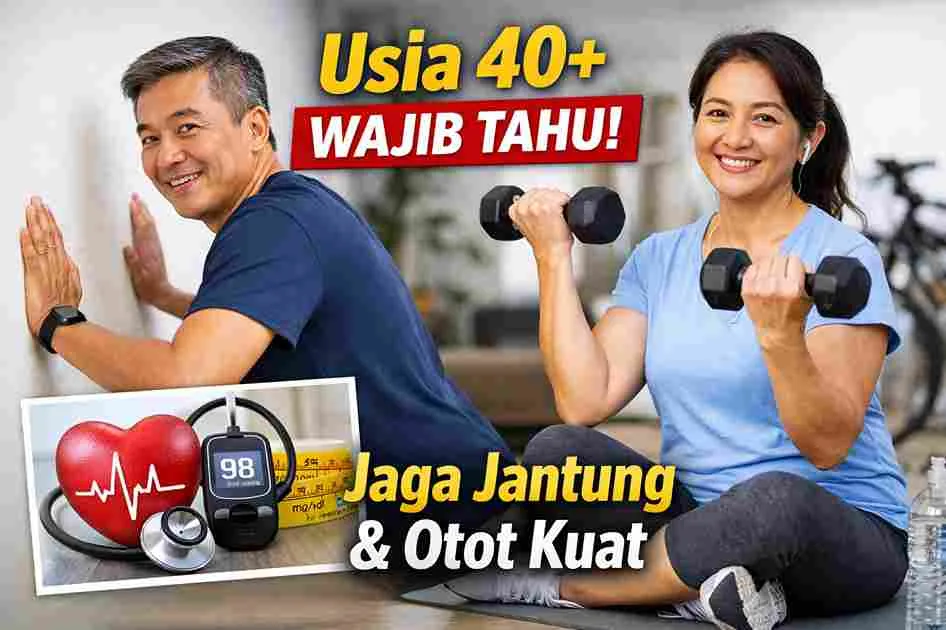 Pria dan wanita usia 40 tahun melakukan latihan ringan di rumah untuk menjaga kesehatan jantung dan kekuatan otot.