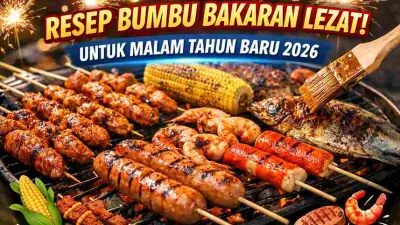 Aneka bakaran malam Tahun Baru 2026 seperti jagung bakar, sosis, sate, ikan, dan seafood dengan olesan bumbu lezat
