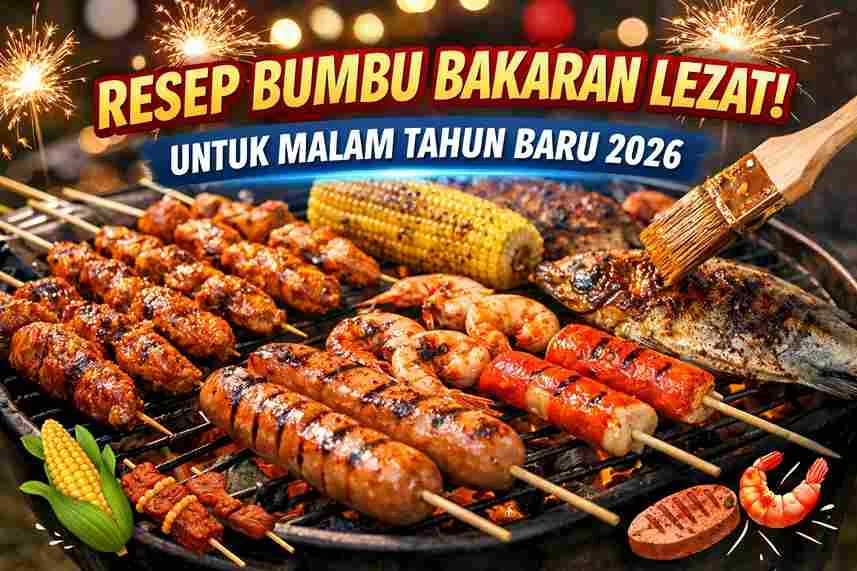 Aneka bakaran malam Tahun Baru 2026 seperti jagung bakar, sosis, sate, ikan, dan seafood dengan olesan bumbu lezat