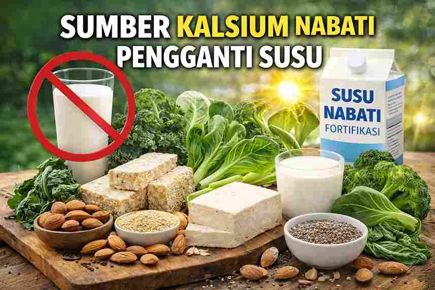 Ilustrasi sumber kalsium nabati pengganti susu seperti tahu, tempe, sayuran hijau, kacang almond, biji wijen, chia seed, dan susu nabati fortifikasi.