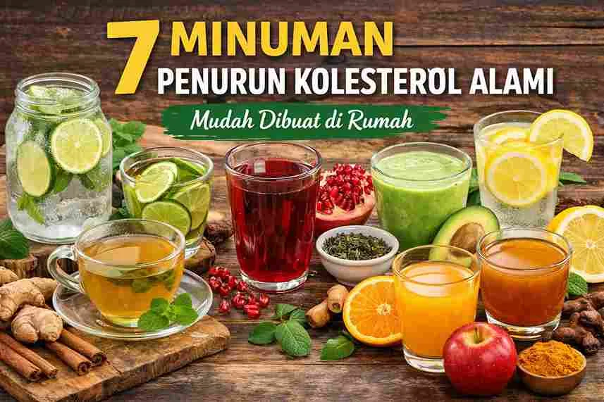 Thumbnail minuman penurun kolesterol alami berupa infused water jeruk nipis, jus delima, jus alpukat, teh hijau, dan kunyit asam di atas meja kayu.