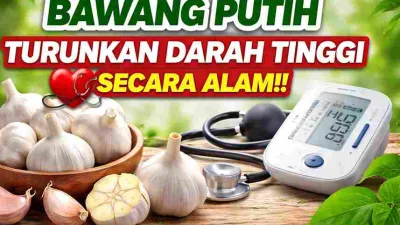 Thumbnail bawang putih dengan alat tensi dan teks manfaat bawang putih untuk menurunkan tekanan darah tinggi secara alami.