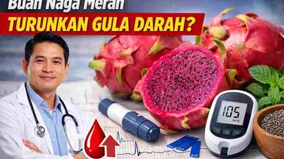Thumbnail buah naga merah dengan dokter dan alat cek gula darah yang membahas manfaat buah naga merah untuk menurunkan gula darah.