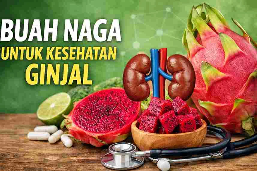Buah naga merah segar dengan ilustrasi ginjal sebagai simbol manfaat buah naga untuk kesehatan ginjal