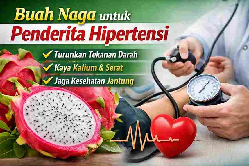 Buah naga segar dan alat pengukur tekanan darah sebagai ilustrasi manfaat buah naga untuk penderita hipertensi.