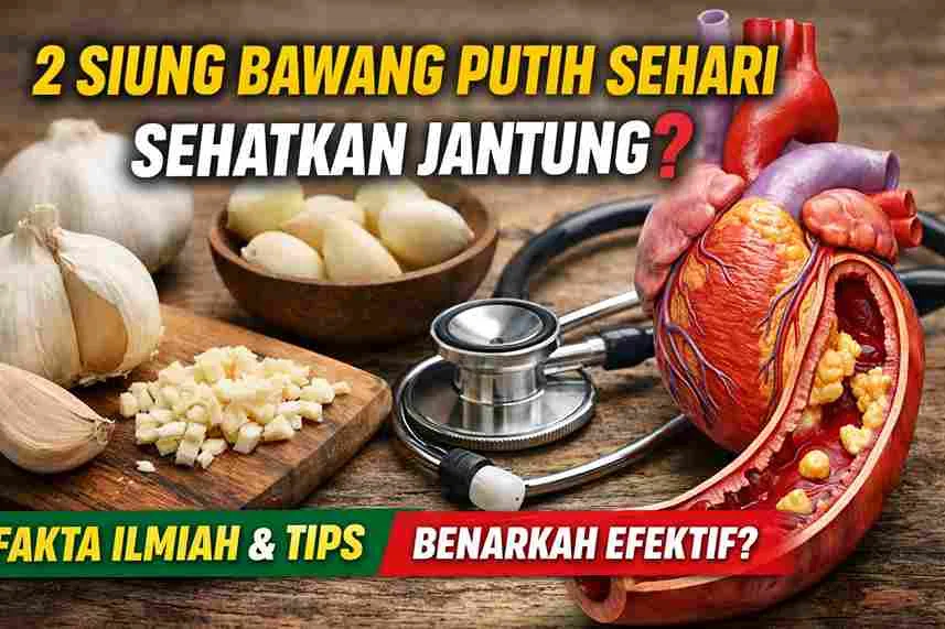 Thumbnail bawang putih dan ilustrasi jantung dengan stethoscope, menunjukkan manfaat 2 siung bawang putih sehari untuk kesehatan jantung.