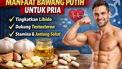 Thumbnail manfaat bawang putih untuk pria menampilkan bawang putih, minyak bawang putih, kapsul herbal, dan pria fit sebagai simbol vitalitas.