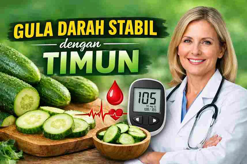 Timun segar dengan alat cek gula darah dan dokter, menggambarkan manfaat timun untuk menjaga gula darah tetap stabil