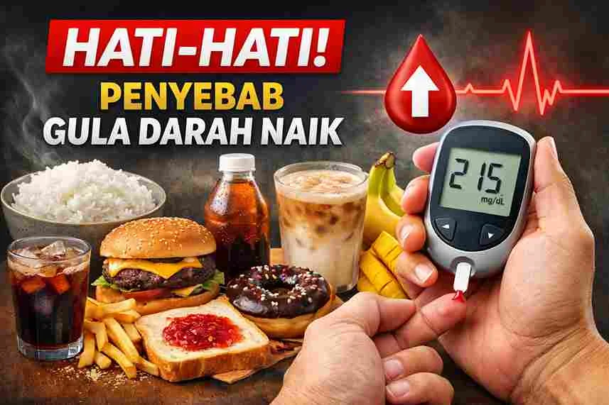 Thumbnail makanan dan minuman pemicu lonjakan gula darah seperti nasi putih, burger, donat, minuman manis, dan alat cek gula darah.