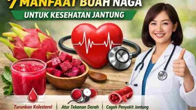 Buah naga merah segar dengan ilustrasi jantung sehat sebagai simbol manfaat buah naga untuk kesehatan jantung.