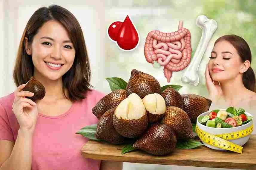 Wanita memegang buah salak segar dengan ilustrasi manfaat kesehatan seperti pencernaan, darah, kulit, dan tulang.