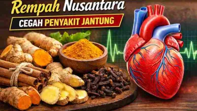 Rempah Nusantara seperti kunyit, jahe, kayu manis, dan cengkeh dengan ilustrasi jantung manusia sebagai simbol pencegahan penyakit jantung