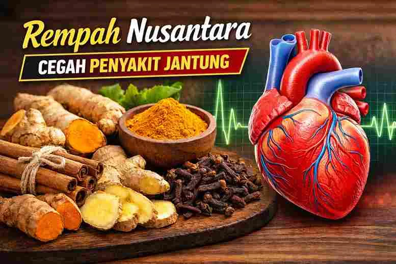 Rempah Nusantara seperti kunyit, jahe, kayu manis, dan cengkeh dengan ilustrasi jantung manusia sebagai simbol pencegahan penyakit jantung