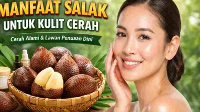 Perempuan dengan kulit cerah alami dan buah salak sebagai simbol manfaat salak untuk mencerahkan kulit secara alami.