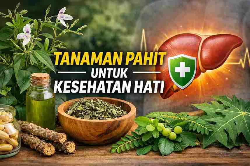 Tanaman pahit seperti sambiloto, meniran, dan brotowali dengan ilustrasi organ hati sebagai simbol kesehatan liver alami