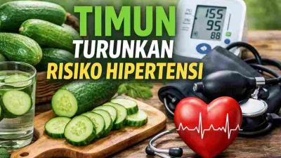 Timun segar dengan alat pengukur tekanan darah sebagai ilustrasi peran timun menurunkan risiko hipertensi