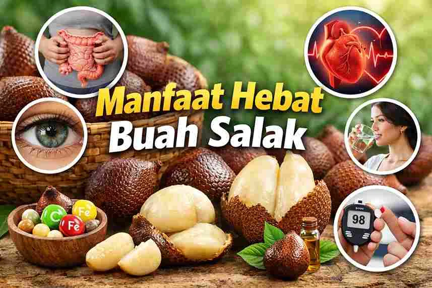 Buah salak segar dengan tampilan kandungan gizi dan manfaat kesehatan seperti pencernaan, jantung, mata, dan gula darah