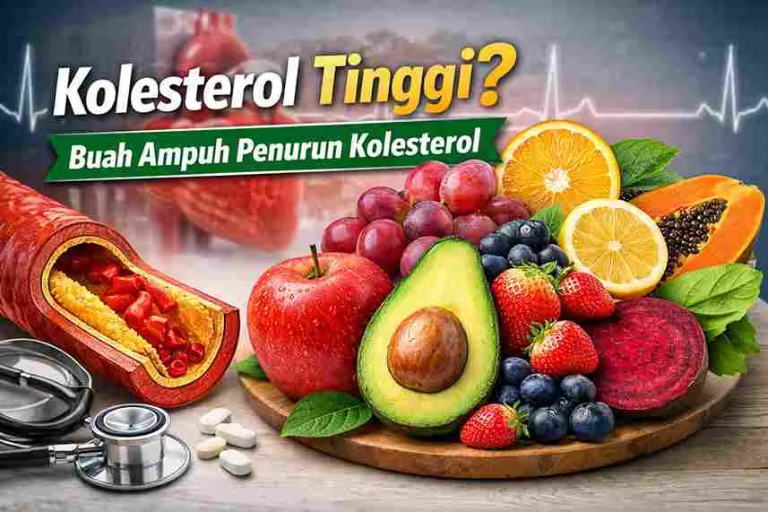 Thumbnail artikel kolesterol tinggi dengan ilustrasi pembuluh darah tersumbat dan aneka buah seperti apel, alpukat, jeruk, pepaya, anggur, dan berry.