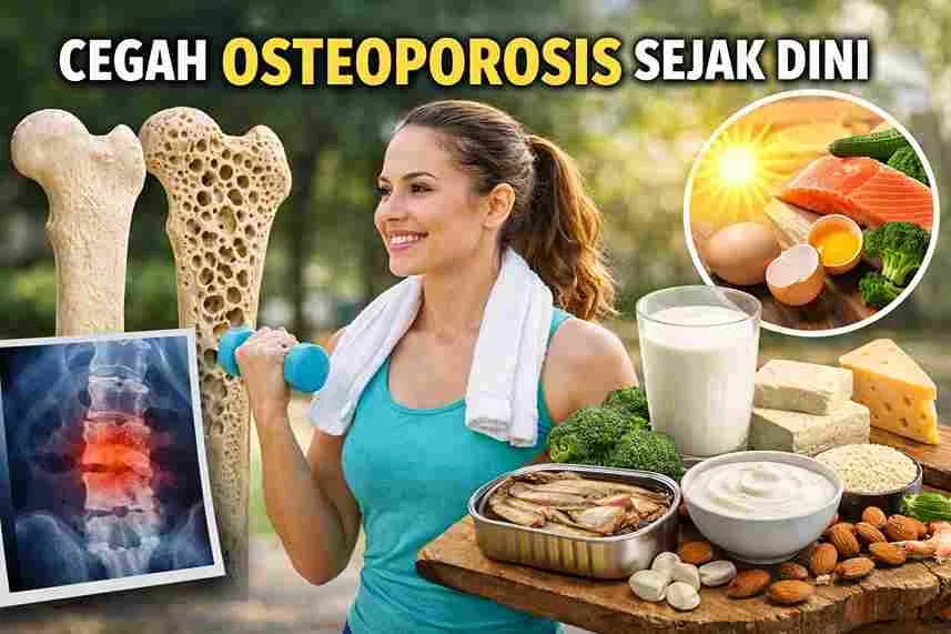 Ilustrasi pencegahan osteoporosis sejak dini melalui olahraga, makanan tinggi kalsium, vitamin D, dan perbandingan tulang sehat dan rapuh.