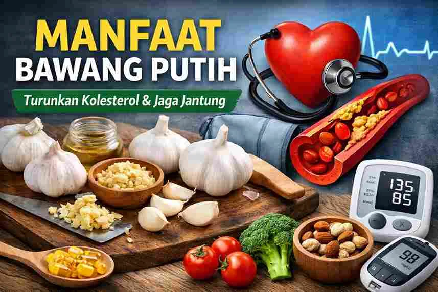 Thumbnail manfaat bawang putih untuk menurunkan kolesterol dan menjaga kesehatan jantung dengan gambar bawang putih, arteri, dan ikon kesehatan