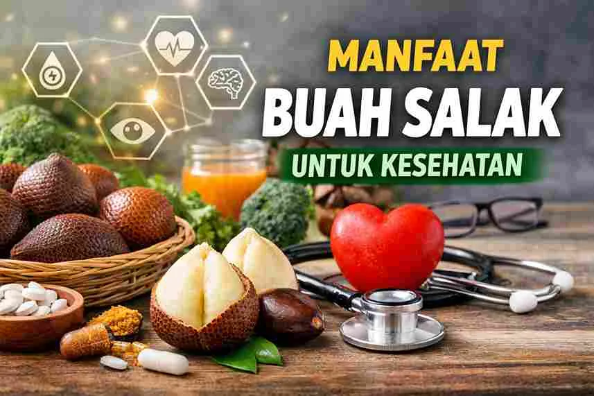 Buah salak segar dengan ilustrasi kesehatan jantung, otak, dan pencernaan sebagai simbol manfaat buah salak untuk kesehatan tubuh