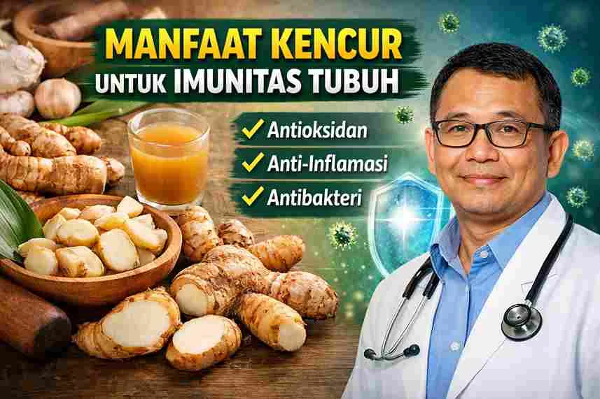 Rimpang kencur segar dan minuman jamu kencur dengan ilustrasi dokter dan simbol perisai imunitas tubuh