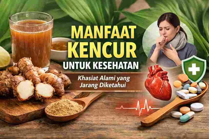 Ilustrasi kencur segar dan minuman herbal kencur sebagai bahan alami untuk menjaga kesehatan tubuh dan daya tahan.