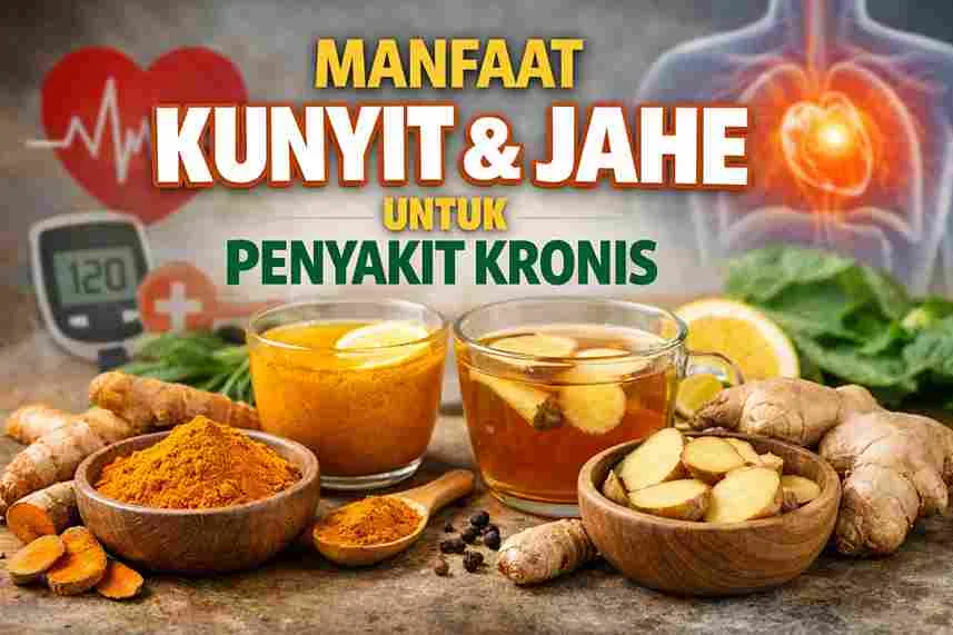 Thumbnail manfaat kunyit dan jahe untuk penyakit kronis, menampilkan minuman herbal kunyit jahe dengan ilustrasi kesehatan jantung dan gula darah