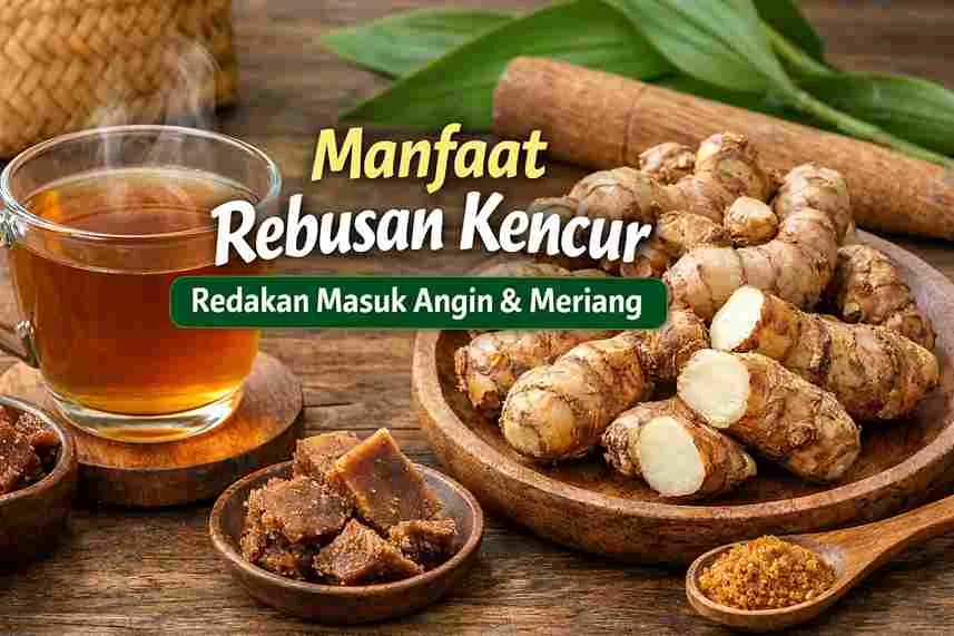 Rebusan kencur hangat dengan kencur segar dan gula aren sebagai obat herbal alami untuk meredakan masuk angin dan meriang.